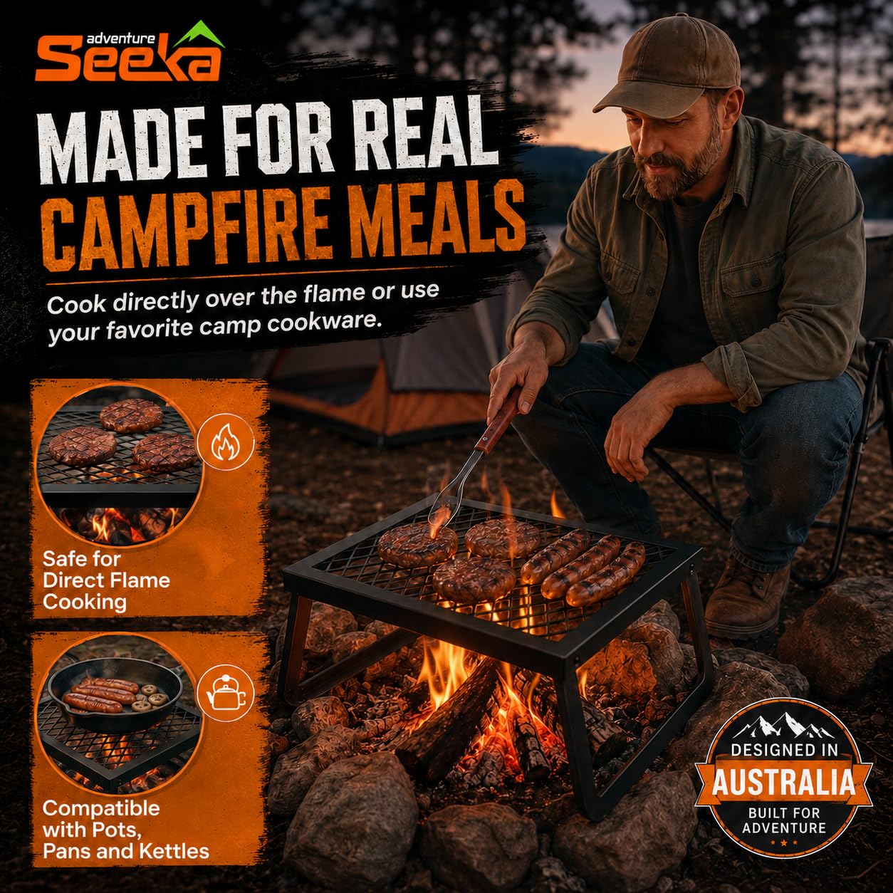 Adventure Seeka Folding Campfire Grill – Portable Over-Fire Grill with Food-Safe Coating, Heavy Duty Steel, Compact with Folding Legs - Camping, RV, Overlanding, Fire Pits