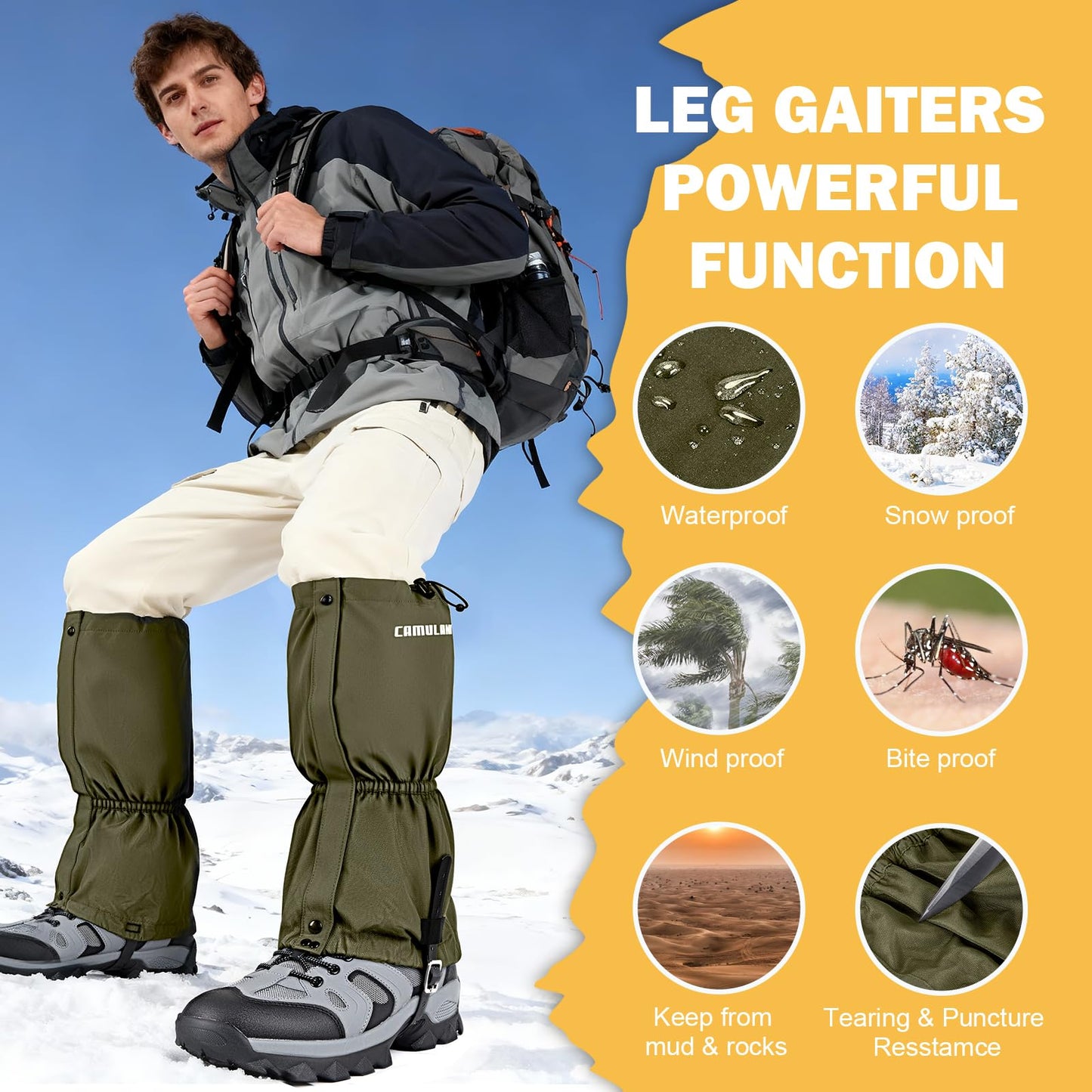 CAMULAND Leg Gaiters for Men and Women, Durable 900D Oxford Water-Resistant Boot Gaiters for Hunting & Hiking, Adjustable Breathable Ankle Gaiters for Trail Running, Army Green