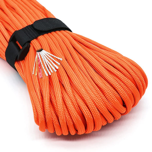 Survival Paracord Rope PSKOOK 100 Feet Fire Starter Parachute Cord 7-Strand Nylon with Red Tinder Cord PE Fishing Line Cotton Thread for Outdoor Lanyards, Bracelets, Handle Wraps (Orange)