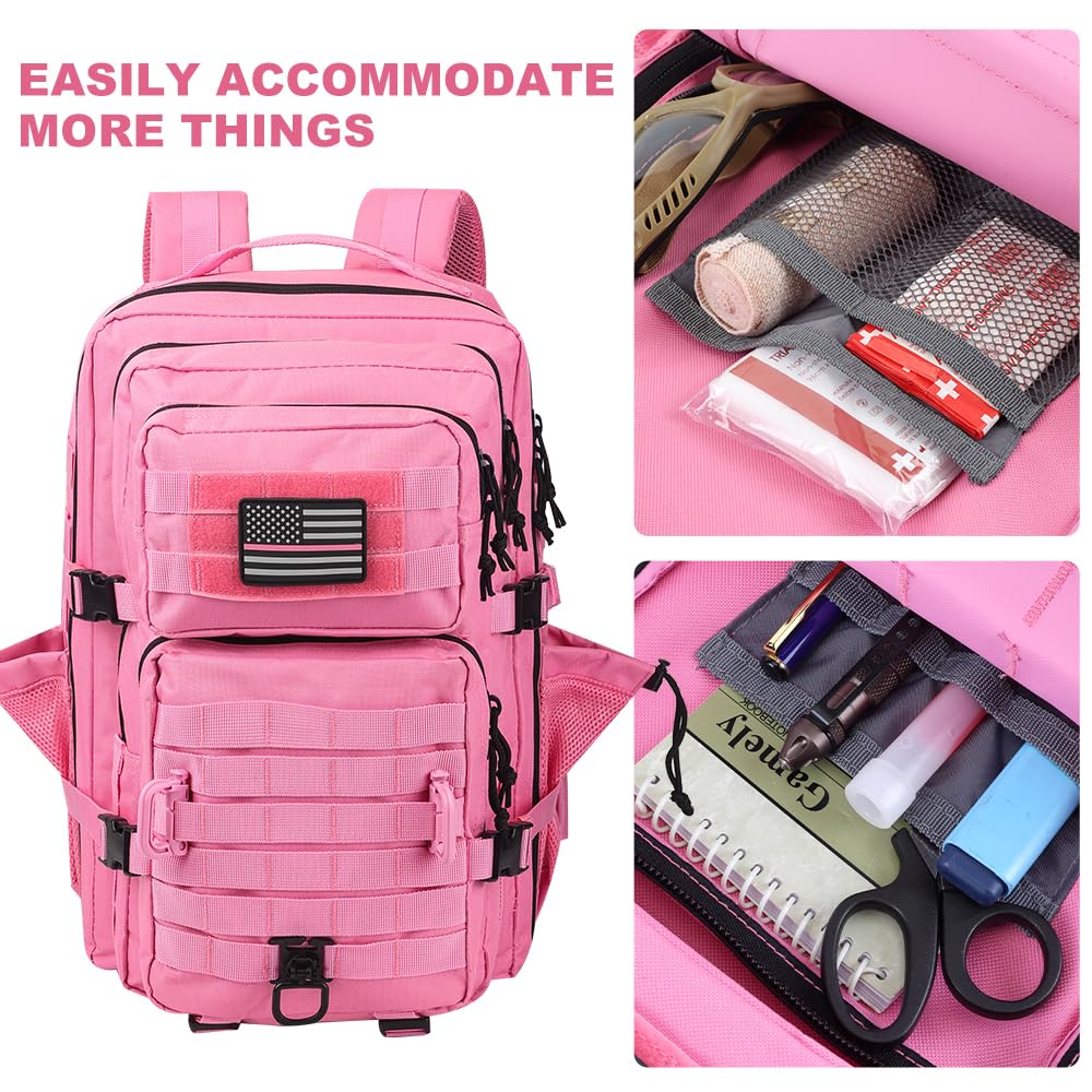 Hannibal Tactical 45L MOLLE Assault Backpack, Tactical Backpack Military Army Camping Rucksack with Bottle Holder, 3-Day Pack Trip w/USA Flag Patch, D-Rings, Pink