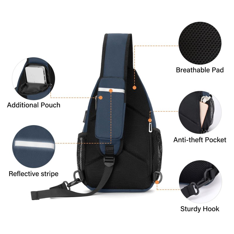 MOSISO Sling Backpack Bag, Crossbody Shoulder Bag Travel Hiking Daypack Chest Bag with Front Square Pocket&USB Charging Port, Haze Blue