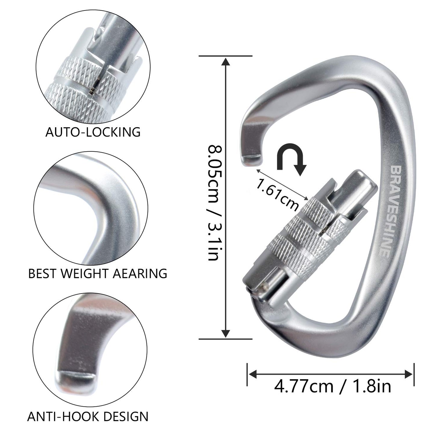 BRAVESHINE Heavy-Weight Carabiner - 2 Pack D Ring Snap Keychain Locking Caribeaner Clips - 12KN Aluminum Screws Buckle Carabiner Hook for Men Women Key Keychains, Water Bottle, Dog Leash - Silver