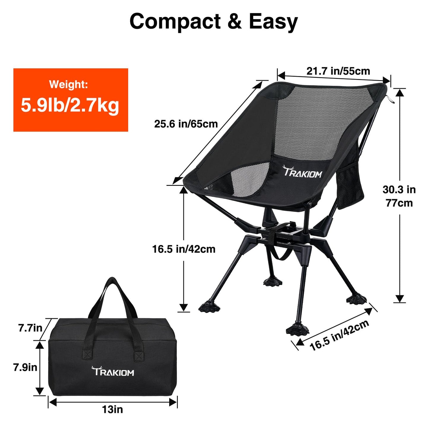 Trakiom 360° Swivel Folding Camping Chairs, Compact and Portable Chair for Outdoor Camp, Foldable Chairs with Anti-Sinking Large Feet for Travel, Beach, Picnic, Sports, Fishing Support 300 LBS(Black)