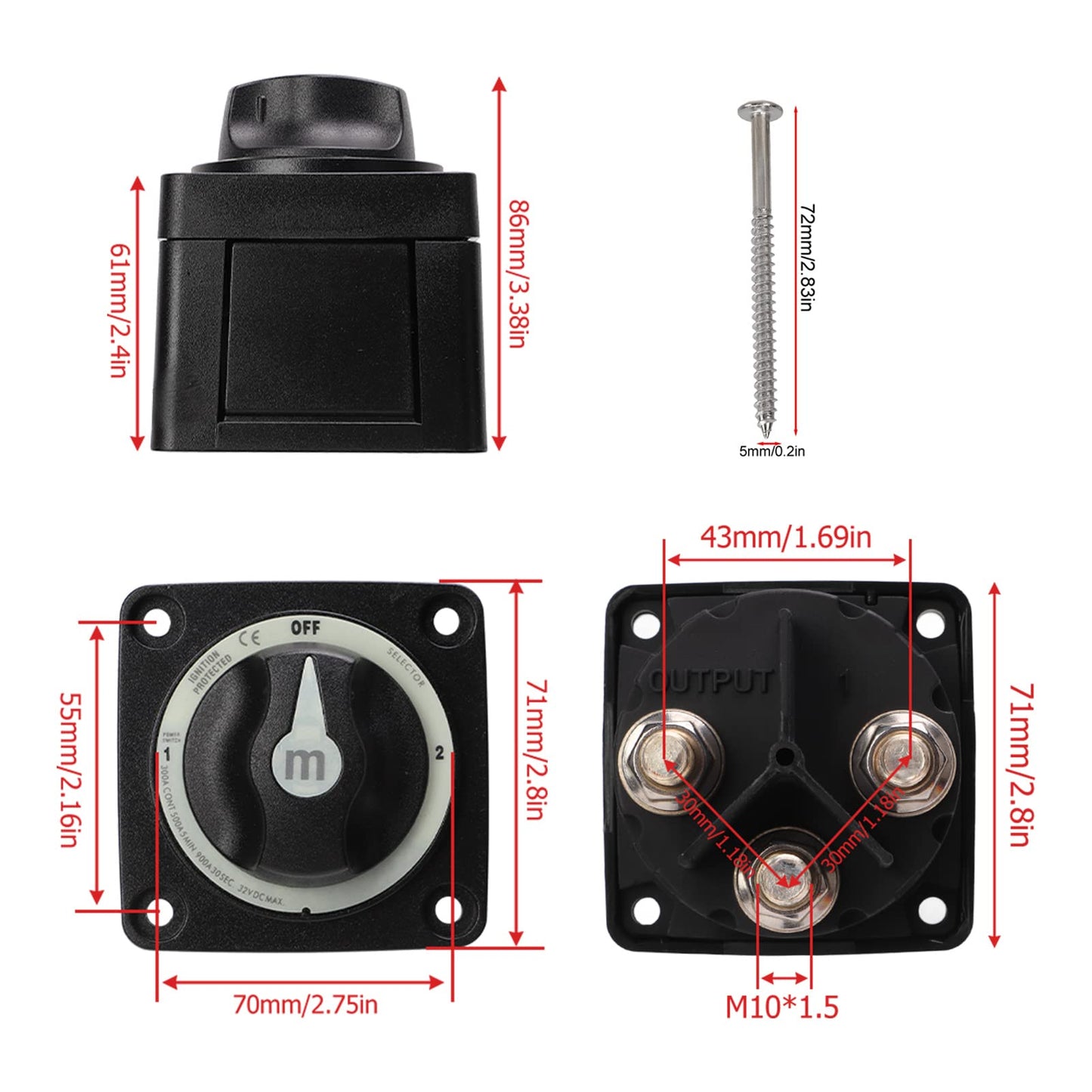 300A Battery Selector Switch, 3 Position Marine Battery Cut Off Switch with IP66, Heavy Duty for Boat RV Car Truck
