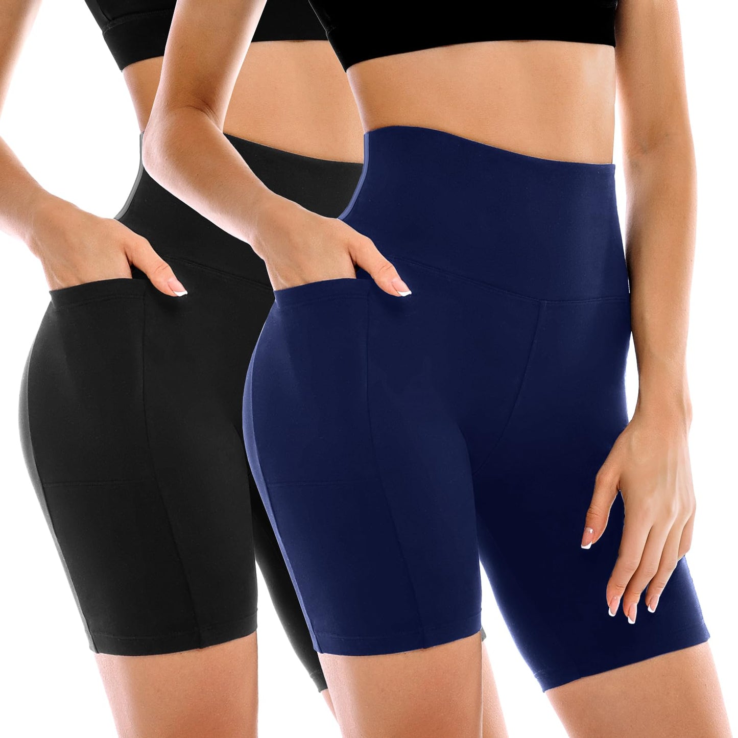 Leafigure 2 Pack Womens Biker Shorts with Pockets, High Waisted Tummy Control Yoga Shorts for Women Running Gym and Workout Black/Navy L-XL