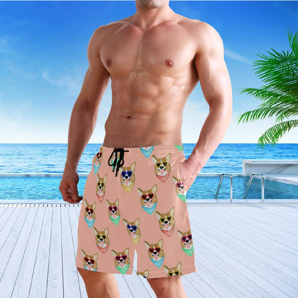 visesunny Cool Corgi with Sunglasses Animal Men's Beach Short Hot Summer Swim Trunks Sports Running Bathing Suits with Mesh Lining