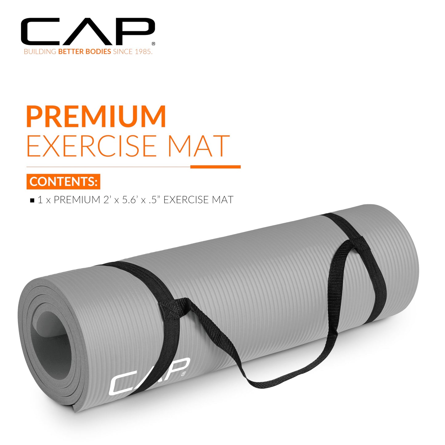 CAP Barbell High Density Exercise Mat with strap, 68"x24" 12mm - Gray