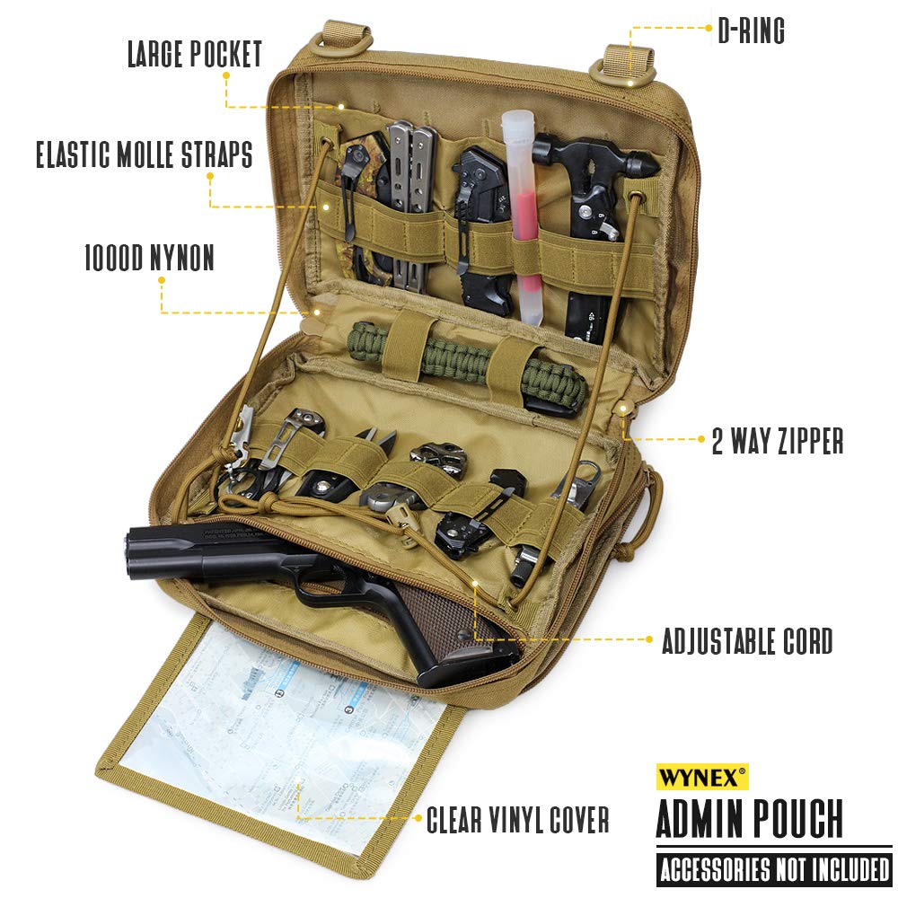 WYNEX Tactical Molle Admin Pouch of Laser Cut Design, Nylon Utility Pouches Molle Attachment Military Medical EMT Organizer with Map Pocket EDC EMT Pack IFAK Tool Holder Universal U.S.A Patch Included