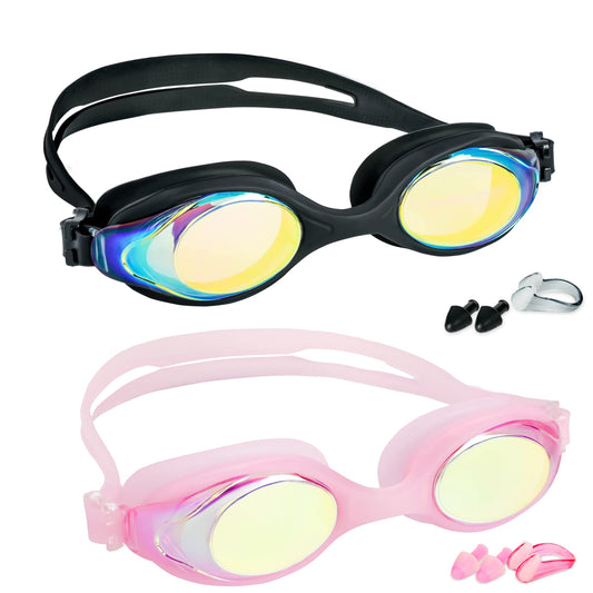 EWPJDK Kids Swim Goggles - 2 Pack Swimming Goggles Anti Fog Anti-UV No Leaking For Children Teens Boys & Girls Age 3-15 (Black & Pink)