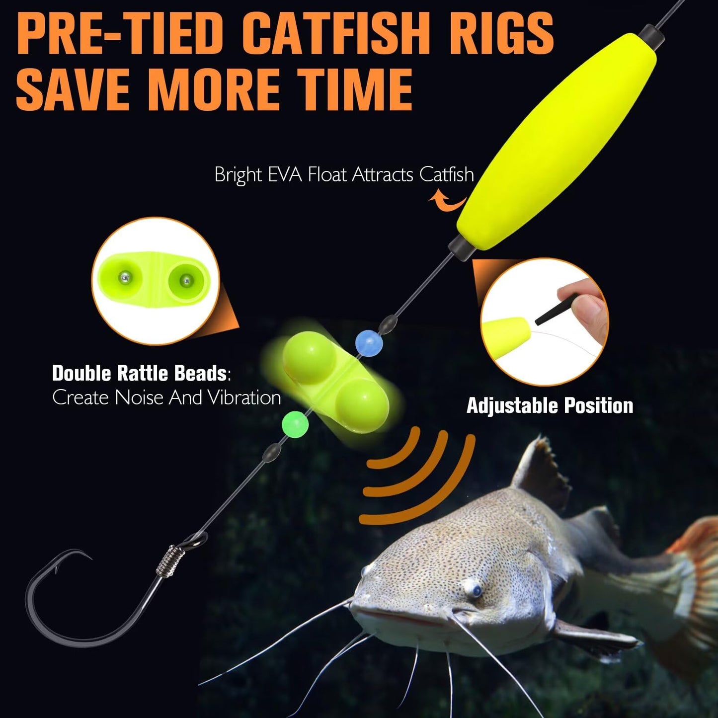 Dovesun 6PCS Catfish Rigs Kit Santee Rig with Catfish Float Rattler Dragging Weights Catfishing Tackle Circle Hook Size 5/0 Weight Size 2OZ