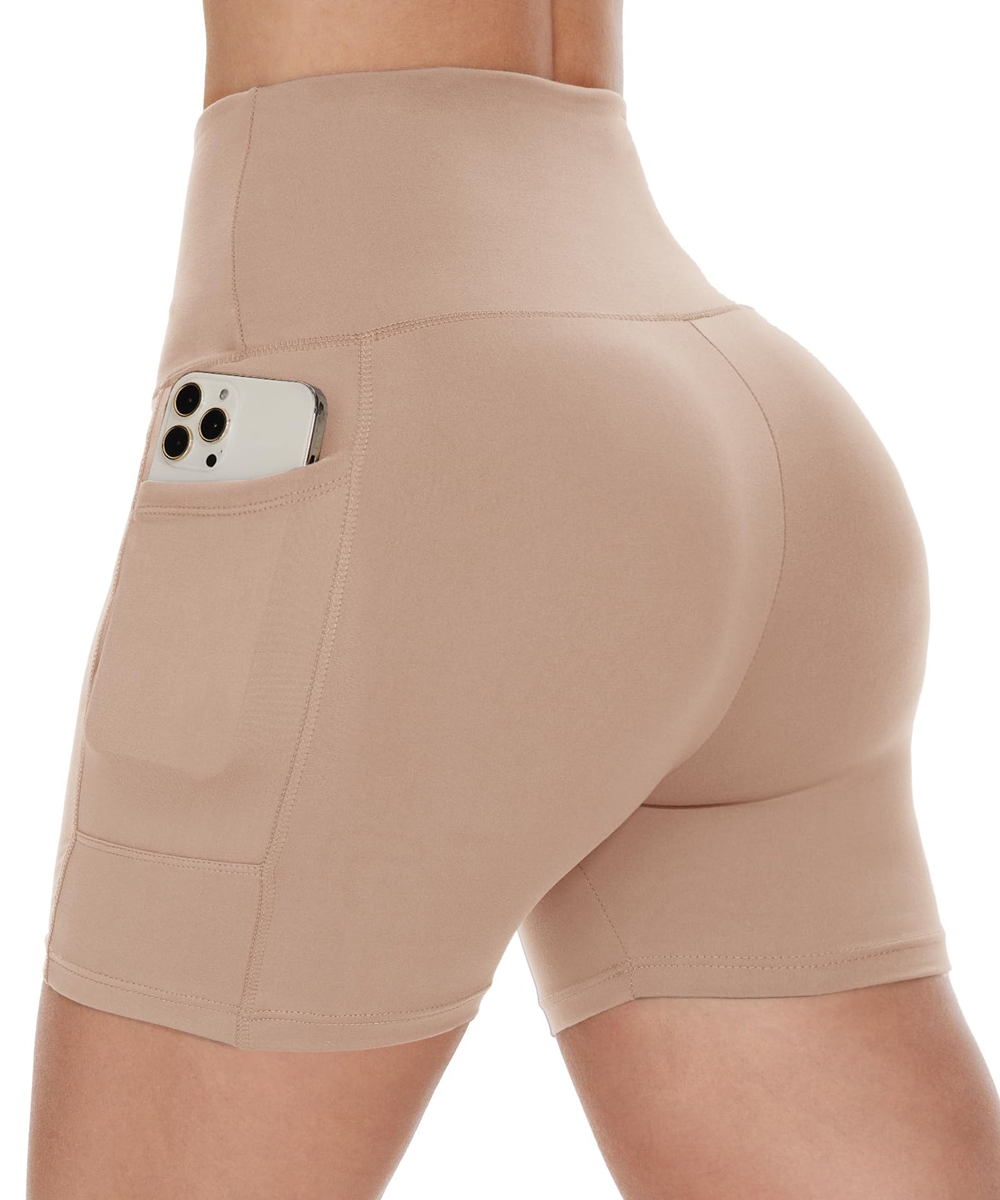 CAMPSNAIL Biker Shorts Women with Pockets - 3"/5"/8" High Waisted Workout Spandex Tummy Control Gym Running Yoga Shorts Nude