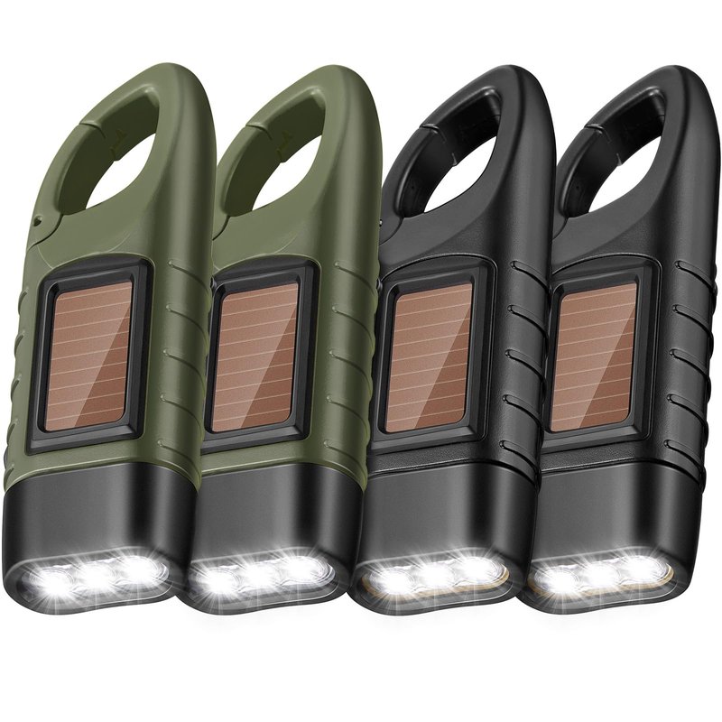 Mudder 4 Pack Hand Crank Solar Powered Flashlight Emergency Rechargeable LED Flashlight Survival Gear Self Powered Charging Torch for Hiking Backpack Outdoor Sports Camping(Green, Black)
