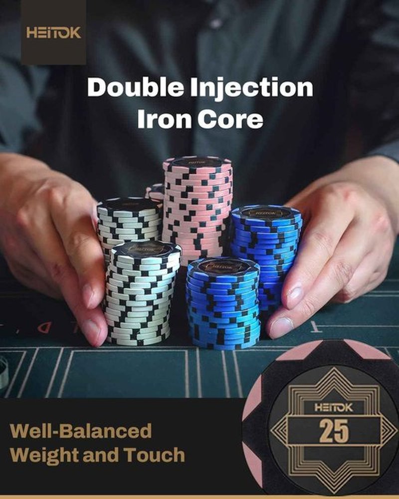 HEITOK Clay Poker Chip Set for Texas Hold’em, 300 PCS with Denominations, 14g Professional Casino Blackjack Set, high-end Carrying case with Leather Interior Design and German Polycarbonate Shell