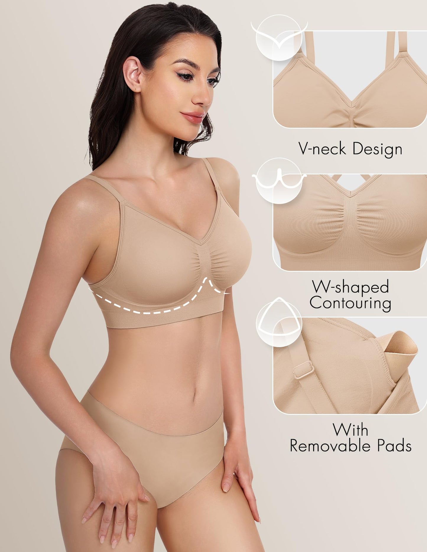 WANAYOU Bralettes for Women with Support Bras for Women Wireless Bras Compfortable No Underwire Push Up Padded Bra Seamless Soft Supportive Everyday Bras V Neck Ajustable T shirt Bra 3 Pack