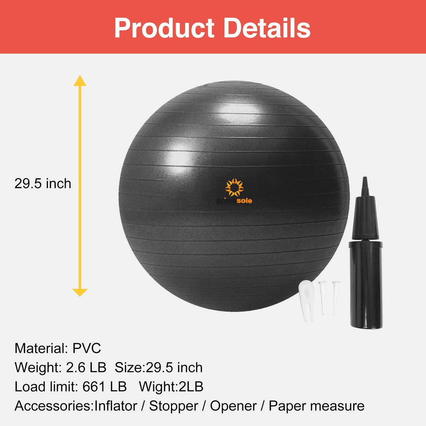 PRIMASOLE Exercise Ball for Balance Stability Fitness Workout Yoga Pilates at Home Office & Gym 75cm Black, 29.5 inch & 75 cm