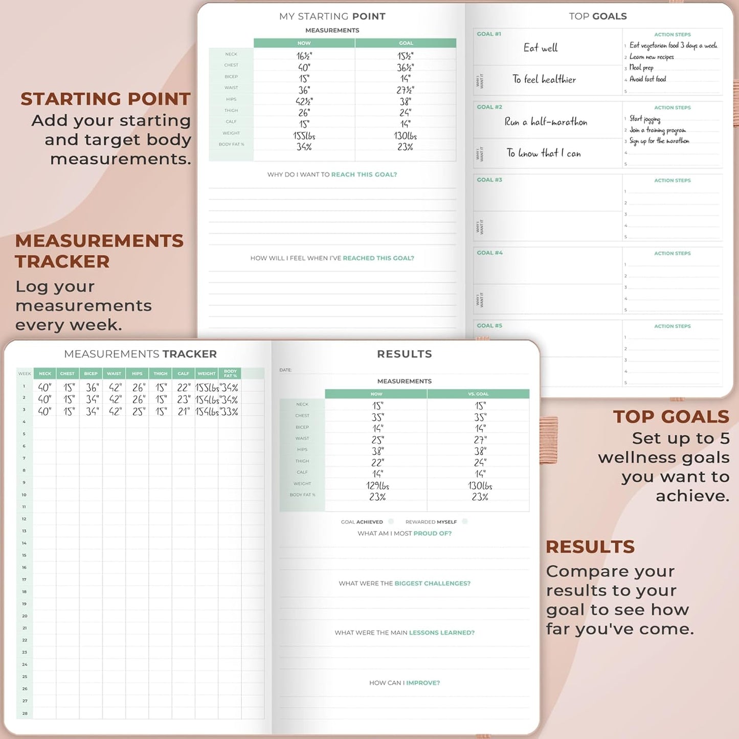 Clever Fox Fitness Journal - Guided Workout & Meal Tracker for Weight Loss | Rose Gold