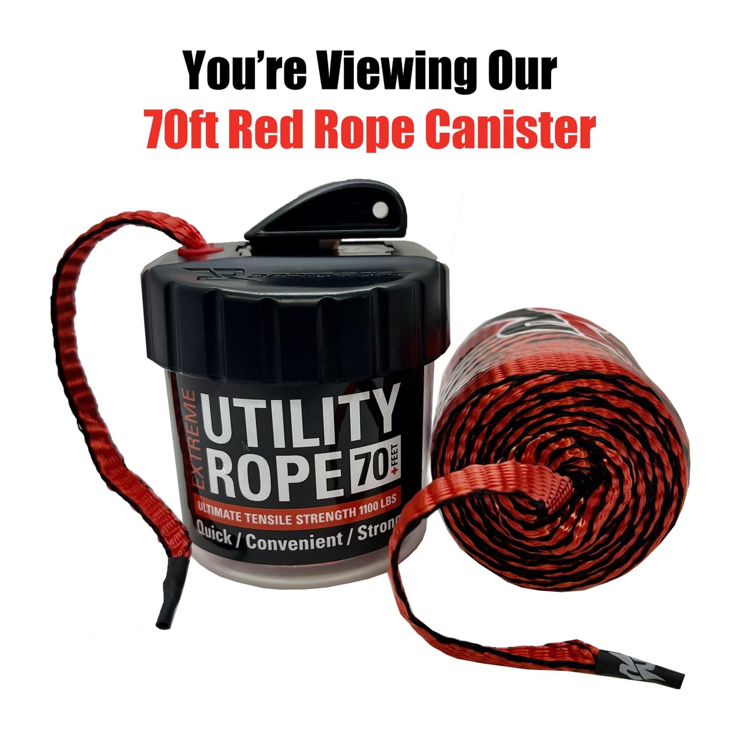 Rapid Rope Canister 70ft Red Flat Tactical Paracord, Made in USA, 1100lb Tested Heavy Duty Poly Rope Test Cord, Non-Tangle Dispense Included - Hiking, Camping, Survival, Utility, Climbing