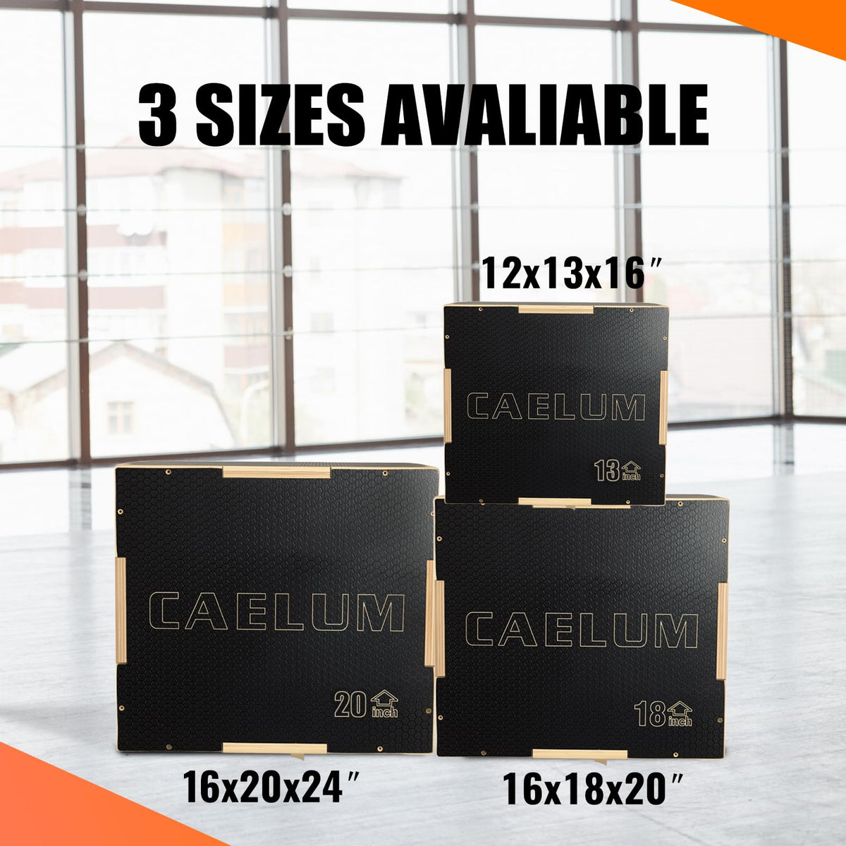 CAELUM 3-in-1 Wooden Plyo Box – 400lbs Heavy-Duty Jump Box for Home & Gym, Non-Slip Plyometric Box for Step-Ups, Squats & Strength Training Black Orange