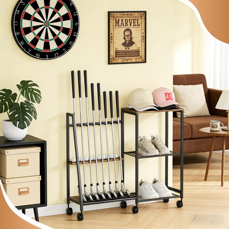 DEMEGA Golf Club Rack with Wheels, 2-in-1 Golf Organizer & Storage for Golf Clubs, Balls, Shoes, Hats, Sturdy Walnut Wood & Matte Black Iron Modern Golf Stand for Home Garage Office
