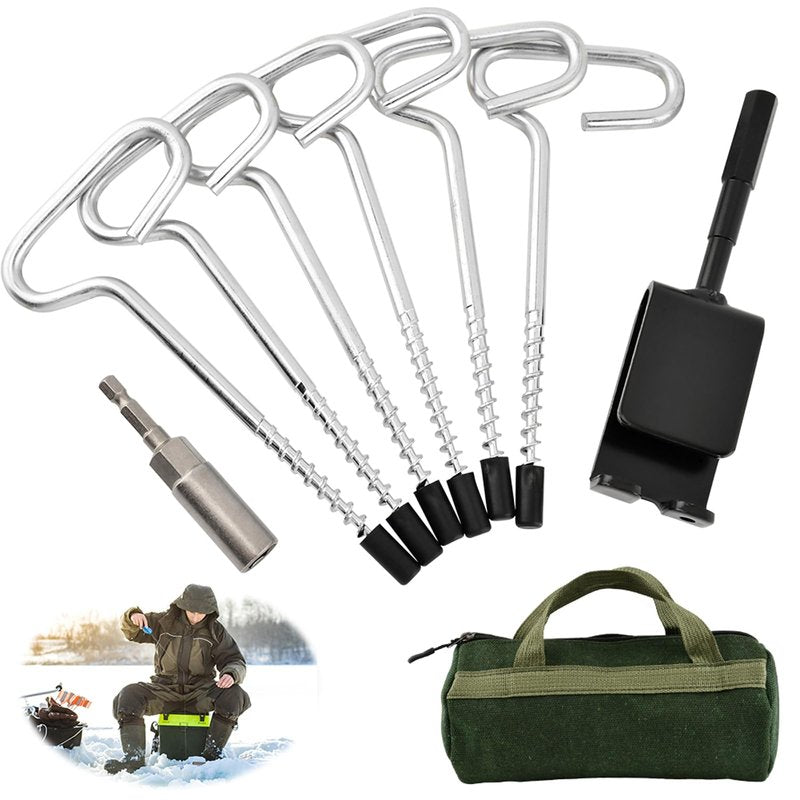 Ice Anchor Tool Kit, Ice Fishing Tent Stakes & Nails with Drill Adapter, Stainless Steel Auger Accessories Set with Threaded Gear & Protective Bag for Camping Shelters and Shanties