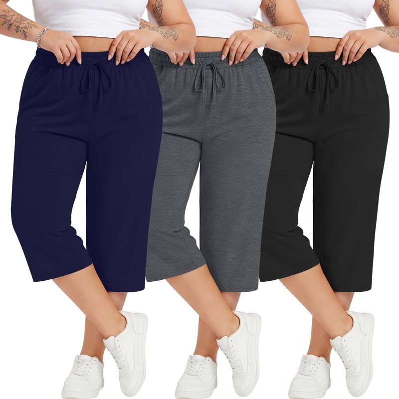 Neer 3 Pack Women's Plus Size Cotton Capris, Stretchy Wide Leg Cropped Pants with Pockets Loose Fit Lounge Pajama Sweatpants(Black, Dark Mix Gray, Navy,3xl)