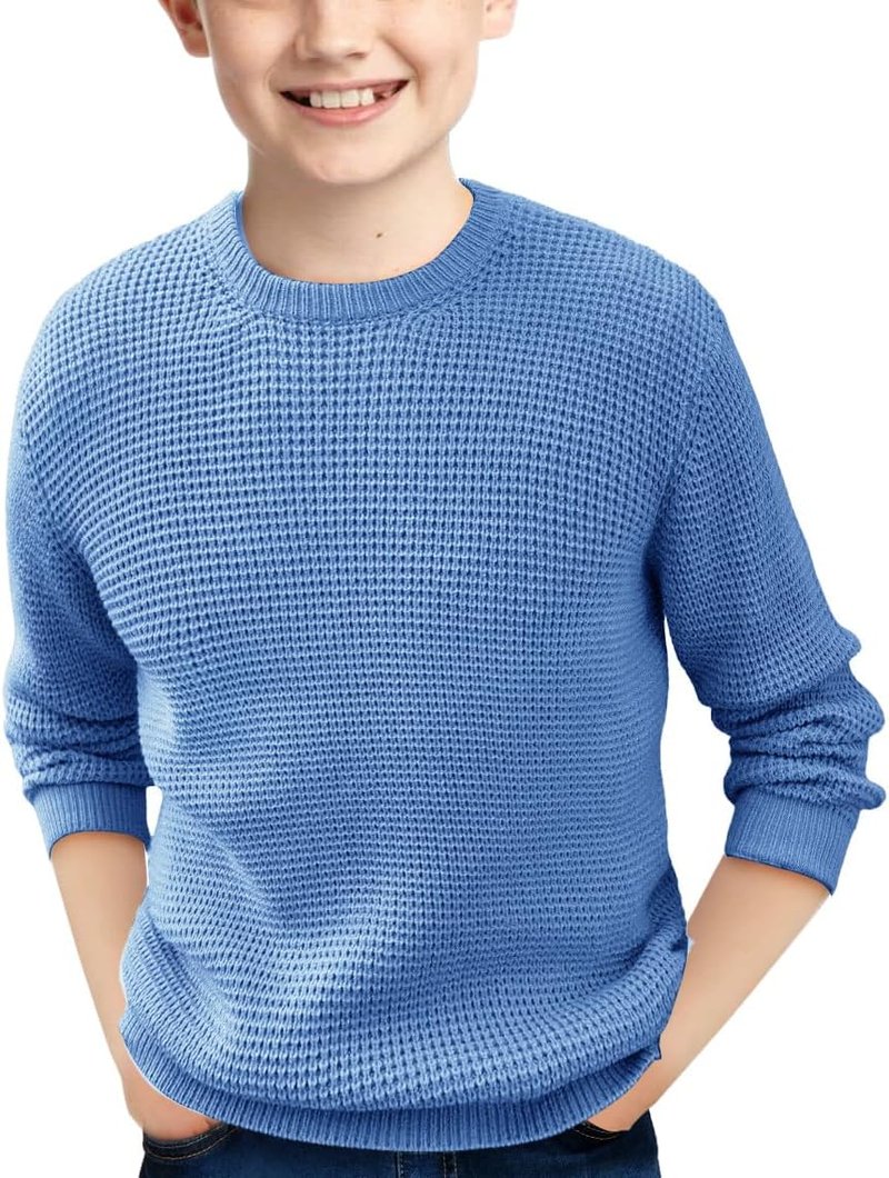 Boys Casual Pullover Sweater - Chunky Crewneck Waffle Knit Jumper | Sizes 4-14 Years