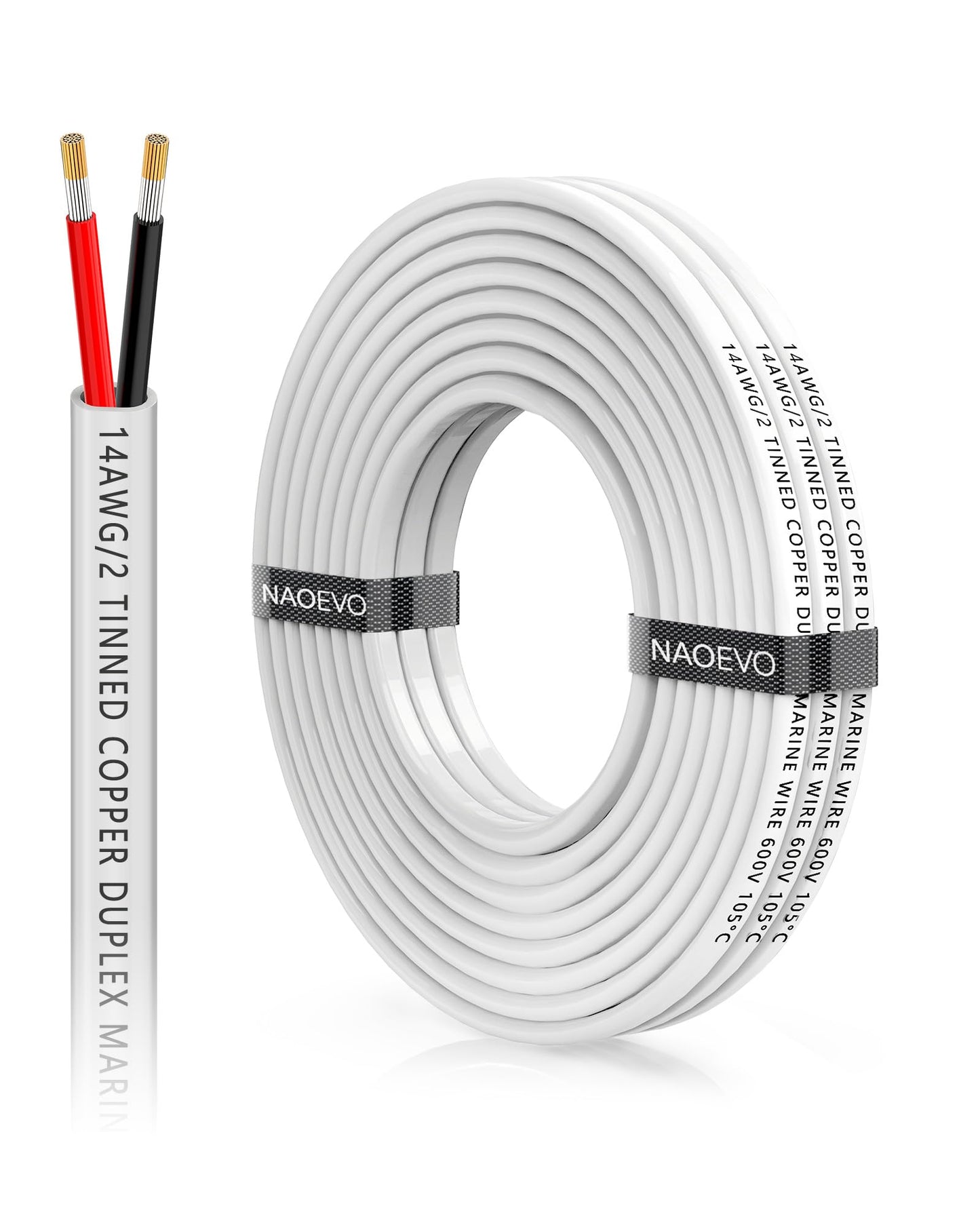 NAOEVO 14 Gauge Marine Wire Duplex, 14 AWG Stranded PVC Marine Electrical Wire, Waterproof/Corrosion Resistant/Tinned Copper Electrical Cable for Boat/Automotive/RV/Solar (15FT)