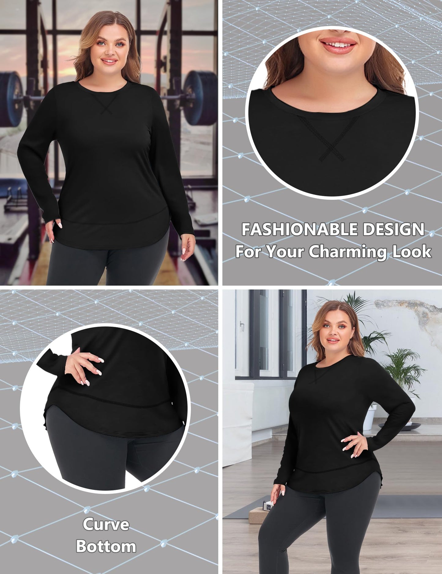 COOTRY Plus Size Workout Tops for Women Long Sleeve Shirts Breathable Dry Fit Athletic Gym Yoga Clothes Black2 2XL