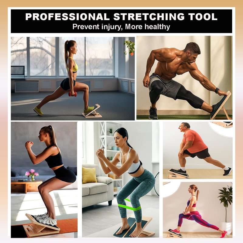 UKRFIT Adjustable Slant Board for Calf Stretching – Foldable Non-Slip Incline Board for Ankle Mobility & Achilles Tendon, Wooden Balance Trainer with Resistance Bands