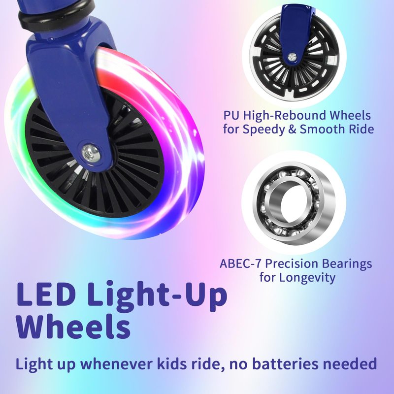 BELEEV Scooters for Kids with Light-Up Wheels & Stem & Deck, 2 Wheel Folding Scooter for Girls Boys, 4 Adjustable Height, Lightweight Kick Scooter with Kickstand for Children Ages 3-12 (Blue)