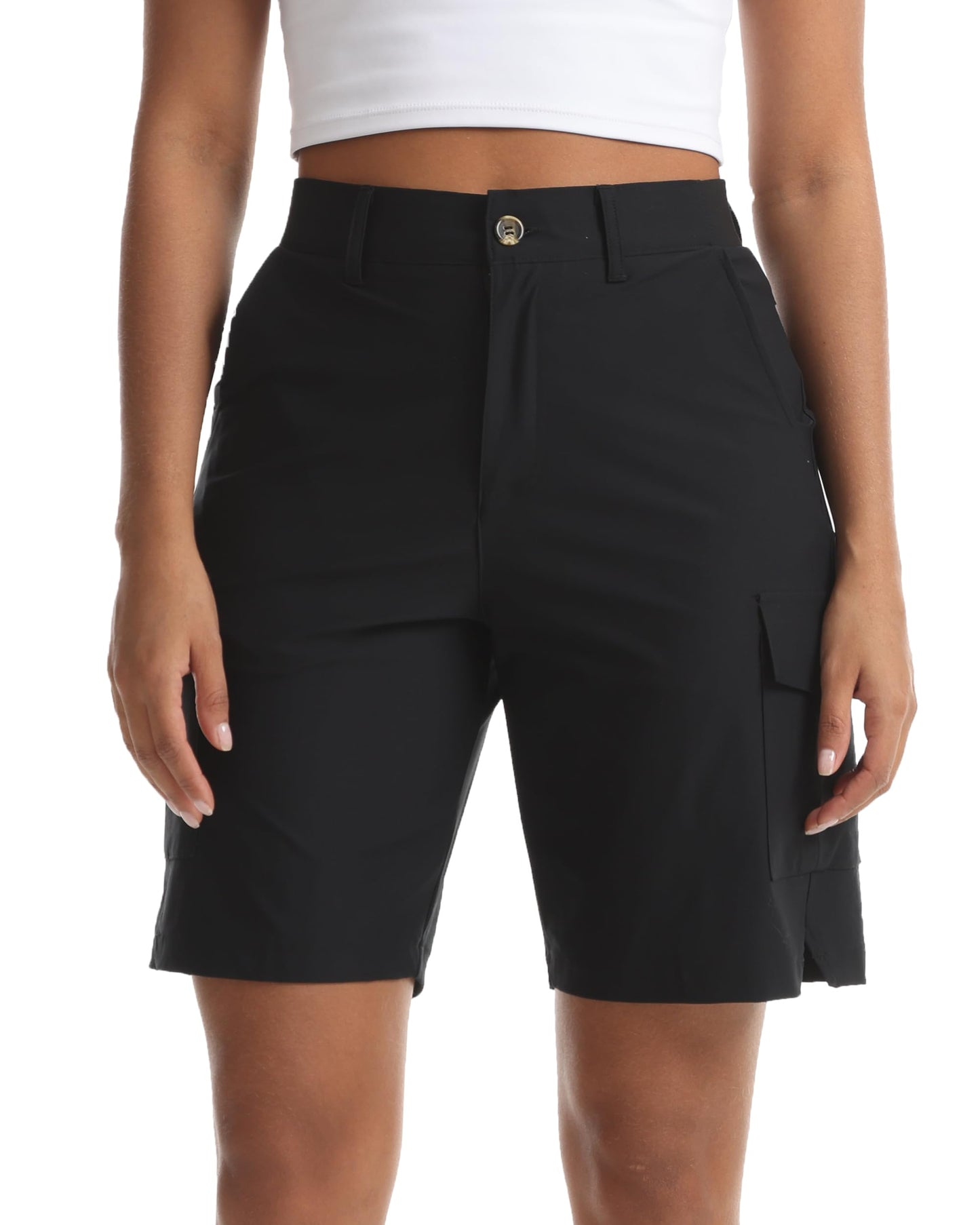 Yoglegins Women's Lightweight Hiking Cargo Shorts for Running Athletic Camping Travel Golf - Water Resistant with 5 Pockets (Black, X-Large)