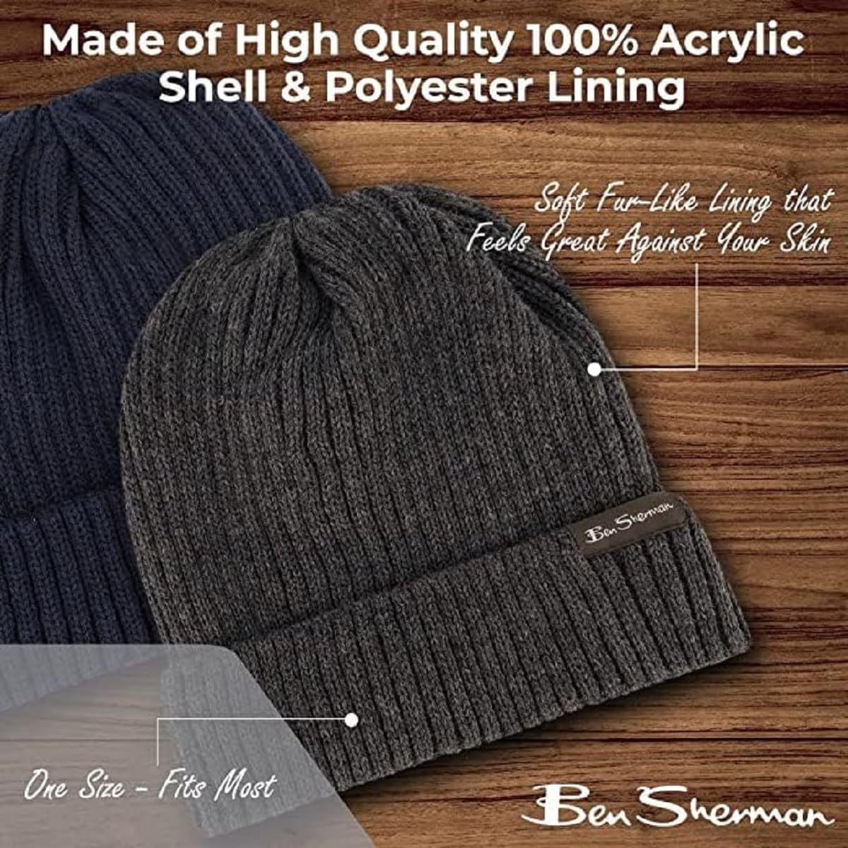 Ben Sherman Plush-Line Rib Knit Mens Hats - Cuffed Winter Hat with Fur Lining - 2 Pack Warm Beanie Hat, Khaki/Navy