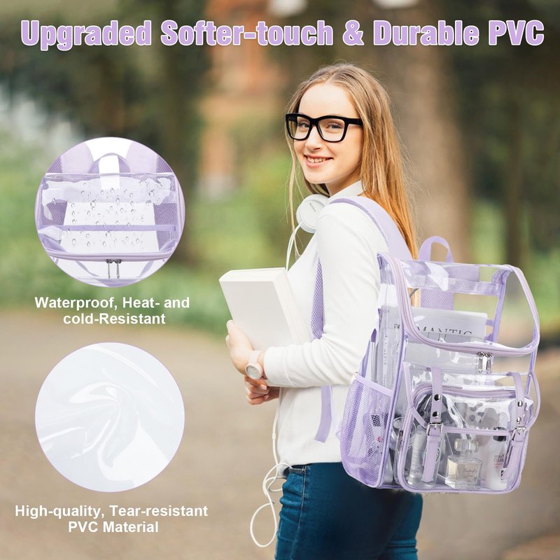 DIGOBAY Clear Backpack with Lunch Bag Set, Leather Clear Backpack Heavy Duty Thick PVC Bookbag Fashion See Through Transparent Backpacks with Support Pad for College Travel Work Purple