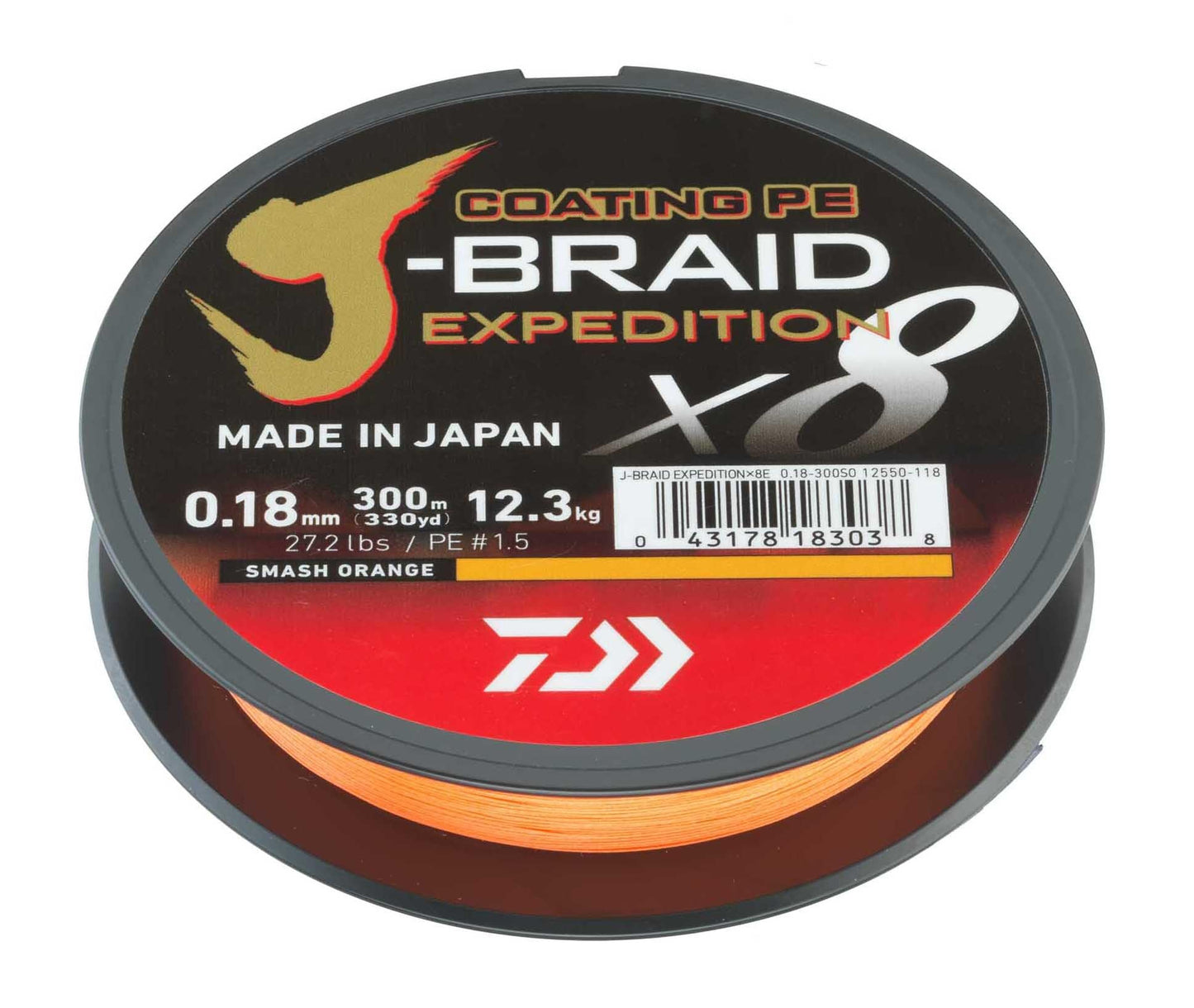 DAIWA J-Braid Expedition X8E, 0.20mm, 16.0kg/35.3lbs, 330yds, Smash Orange, Braided Fishing Line