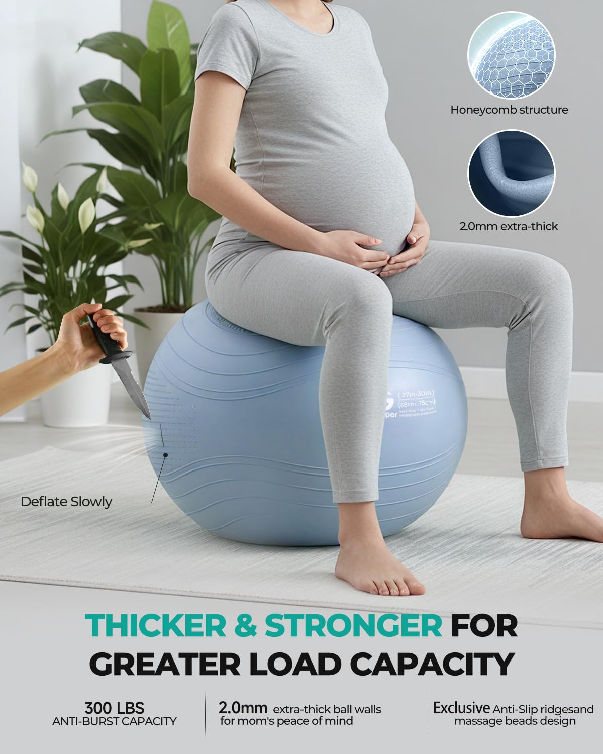 Gruper Yoga Ball, Extra Thick Exercise Ball for Workout Pregnancy Stability - 4 Sizes Anti Burst Balance Ball for Yoga, Pilates, Fitness, Birthing, Physical Therapy - Includes Pump