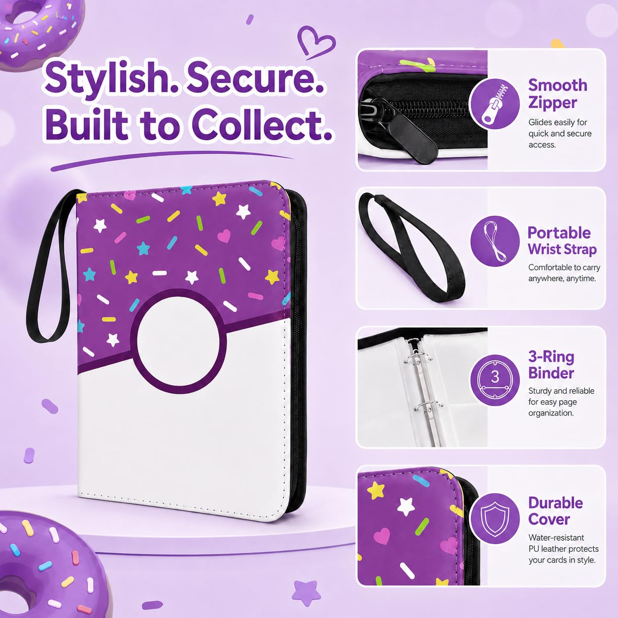 4 Pocket Card Binder 400 Card Holder Album, Purple Donut Trading Cards Holder Zipper Binder for Girl Teen Collection (Purple Donut, 400 Pocket)
