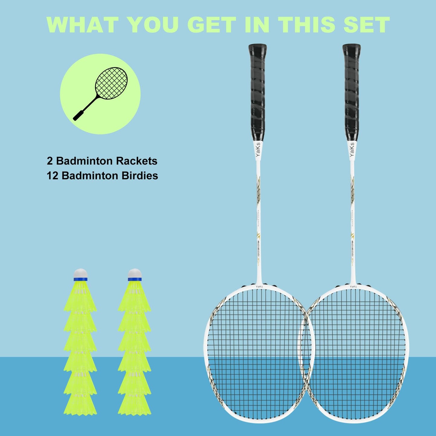 YAKS 3U Professional Carbon Fiber Badminton Racket Set - 2 Rackets Includes 12 Shuttlecocks & Carry Bag, Durable & Lightweight White