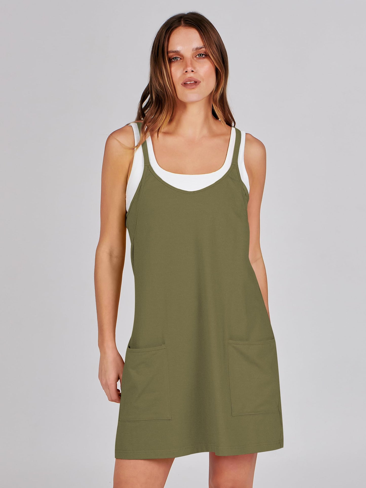 ANRABESS Women Athletic Dress Summer Tennis Workout Active Sports Mini Romper Dress Built in Shorts Travel Vacation Clothes Army Green X-Smal