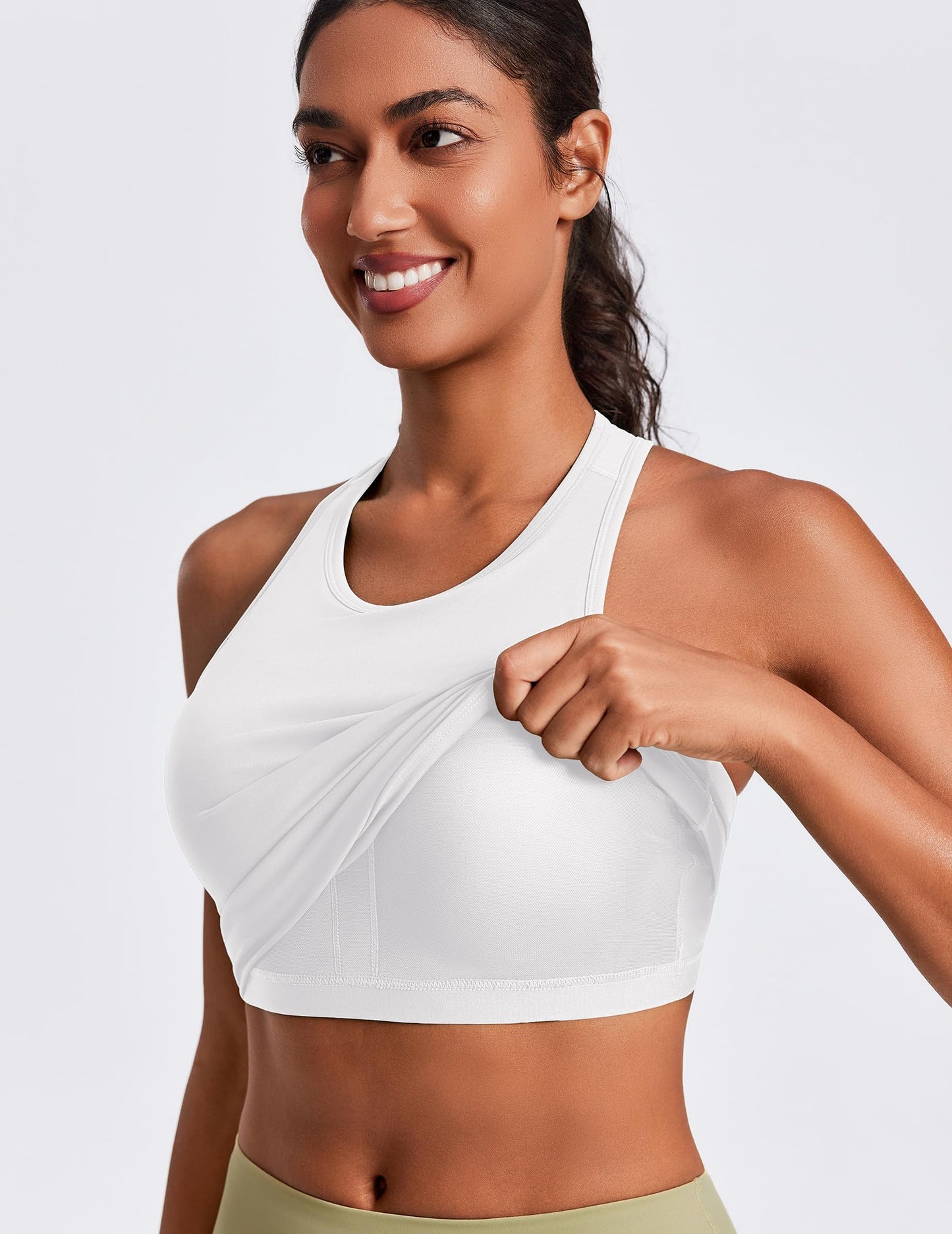 PINSPARK Racerback Tank Tops for Women Tight Workout Tops with Built in Bras Crew Neck Yoga Tops Sleeveless Pilates Shirt，White S