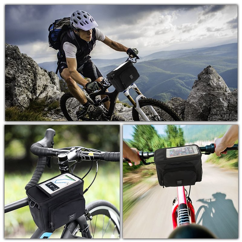 dujp Insulated Bike Handlebar Bag, Waterproof Bicycle Front Basket Cooler Pouch with Phone Holder Touch Screen, Cycling Storage Bag with Shoulder Strap for Outdoor Travel