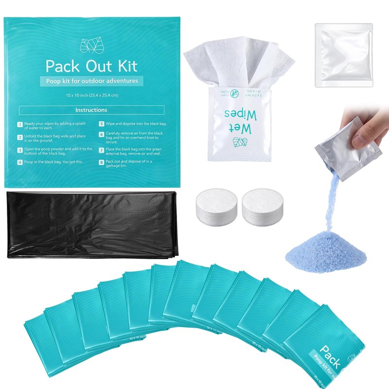 Shinylin 12 Pack Camping Poop Kit Includes Wet Wipes, Hand Wipes, Smell Disposal Bags, Poop Powder for Odor and Human Waste Bags for Camping Boating and Backpacking