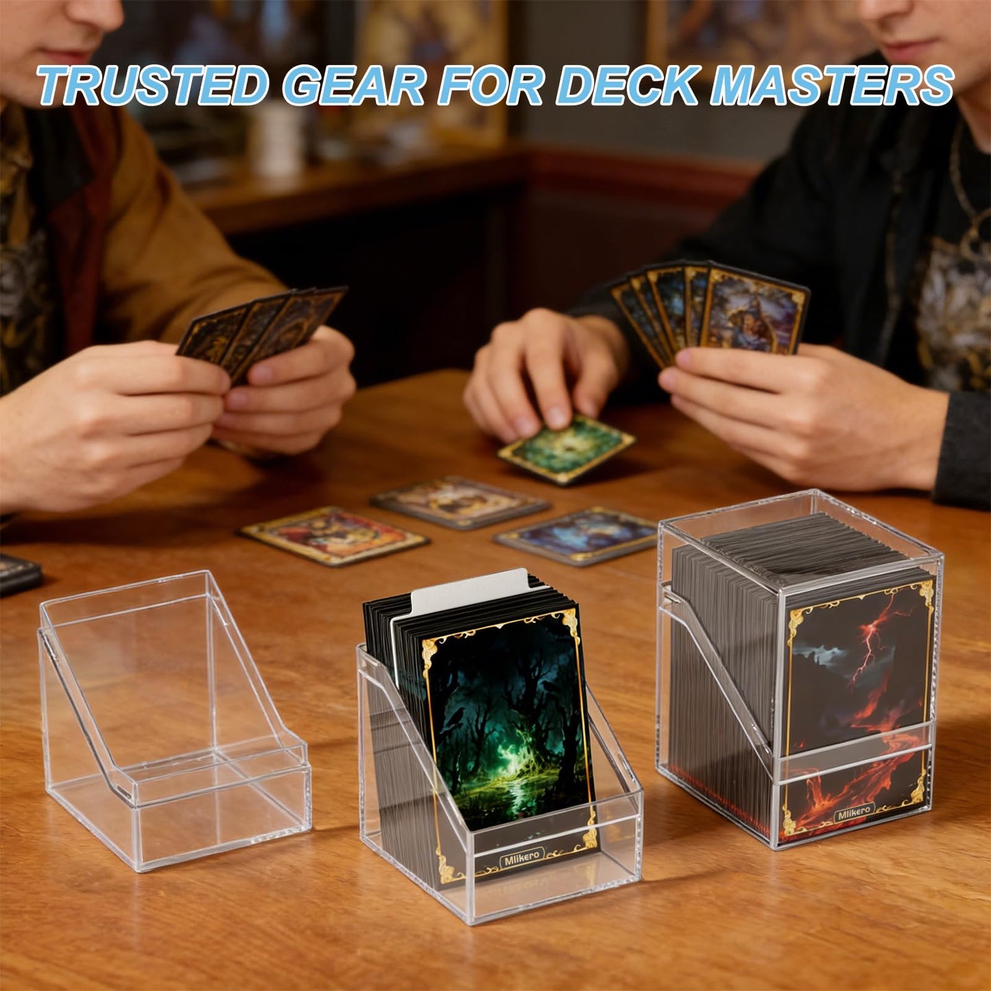 Mlikero Card Deck Cases, 4 Pack Acrylic Commander Deck Box Holding 100+ Sleeved Cards with 4 Dividers, Sturdy Card Storage Box Fit for MTG, TCG, Sports Cards (Clear&Black)