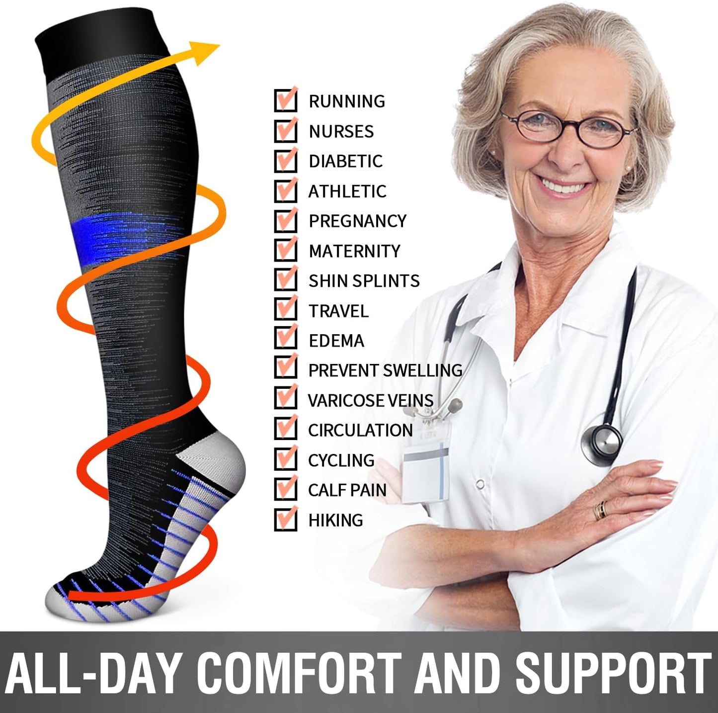 Compression Socks for Women & Men - 6 Pack Copper Support for Circulation | Ideal for Running, Nursing, Athletic Use