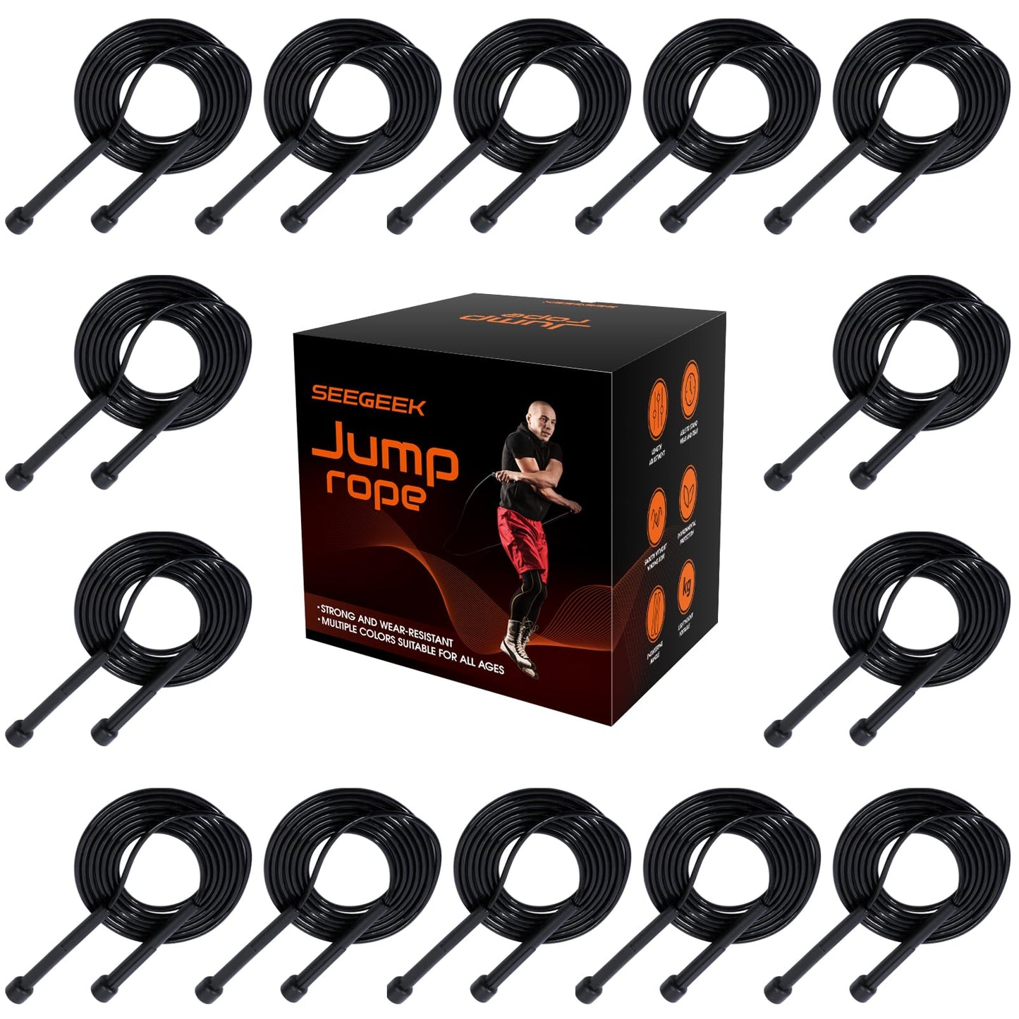 HELLOBOZS 14 Pack Black Adjustable PVC Jump Rope for Cardio Fitness - Versatile Jump Rope for Women Men Kids Christmas Gift -Tangle-Free for Keeping Fit, Training, Workout