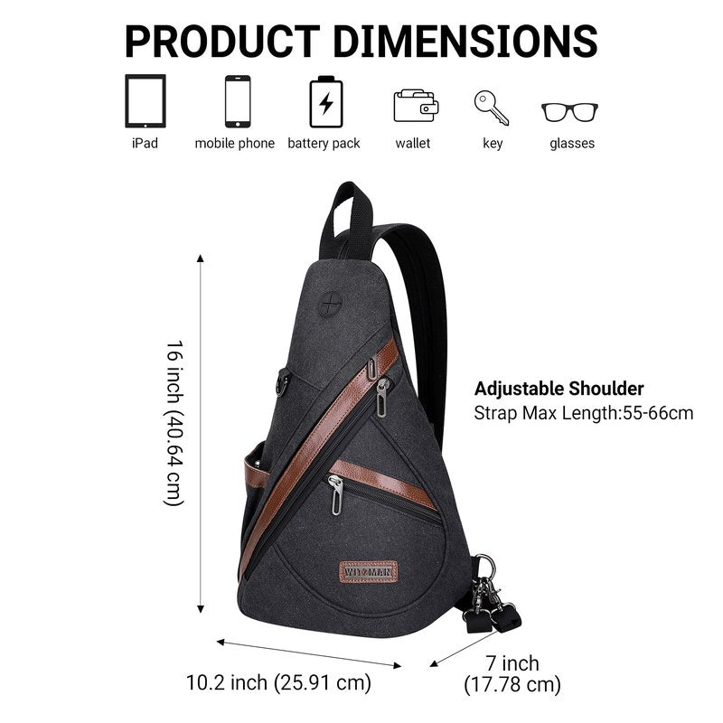 WITZMAN Canvas Sling Bag for Men Women Convertible Sling Backpack Crossbody Vintage Chest Bag Travel Casual Daypack（A8003 Black）