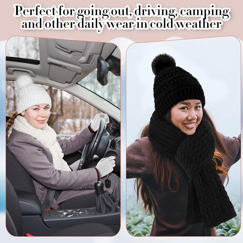 Suhine 8 Pcs Winter Hat Scarf Gloves Earmuff Set Knit Beanie Pompom Hat Warm Touch Screen Gloves for Women Men Adult(Black,White,Chic Style)
