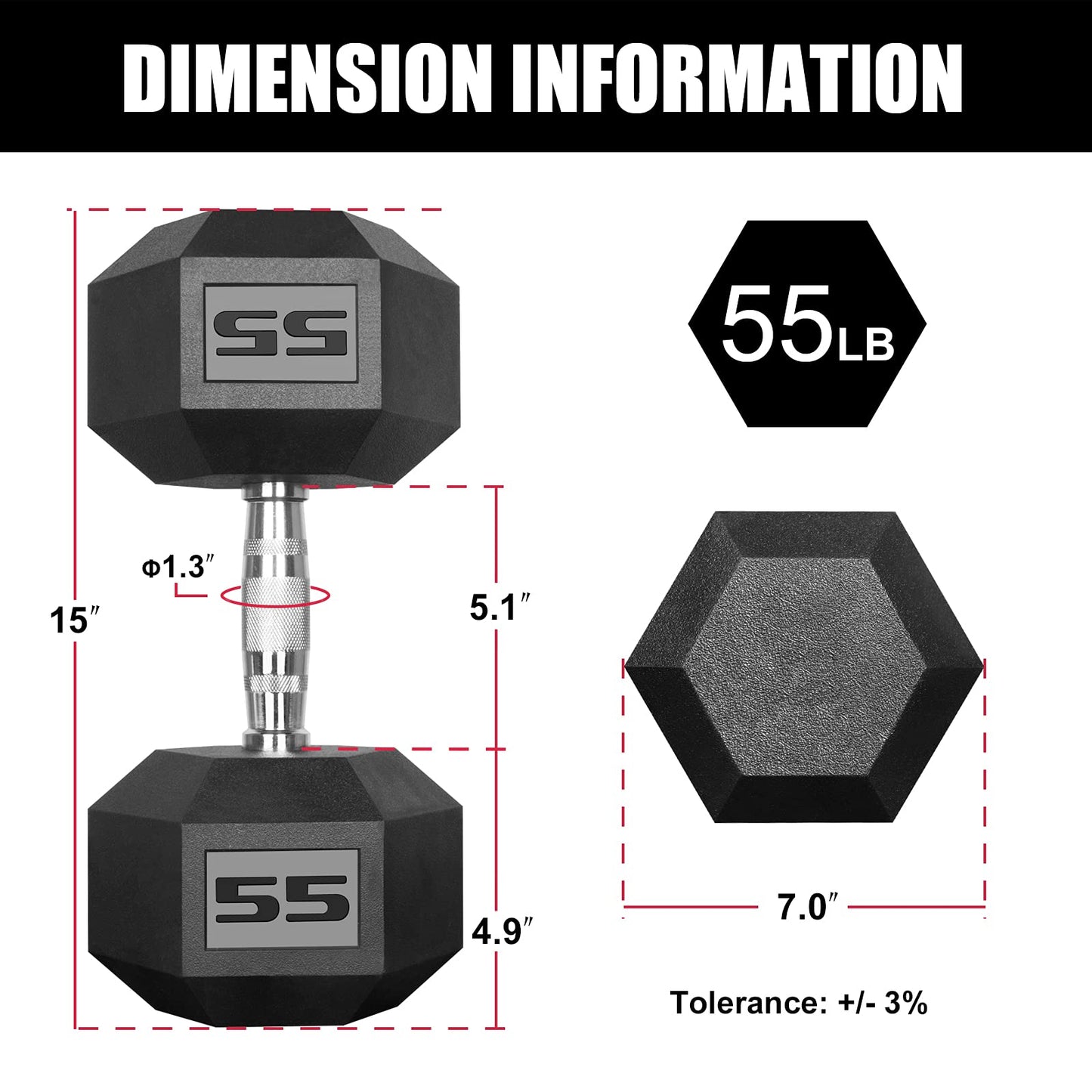 LIONSCOOL PVC Encased Hex Dumbbell in Pairs or Single, Premium Hand Weight with Metal Handle for Strength Training, Build Muscle and Full Body Workout, 5-60lbs Free Weights (55LB Single)