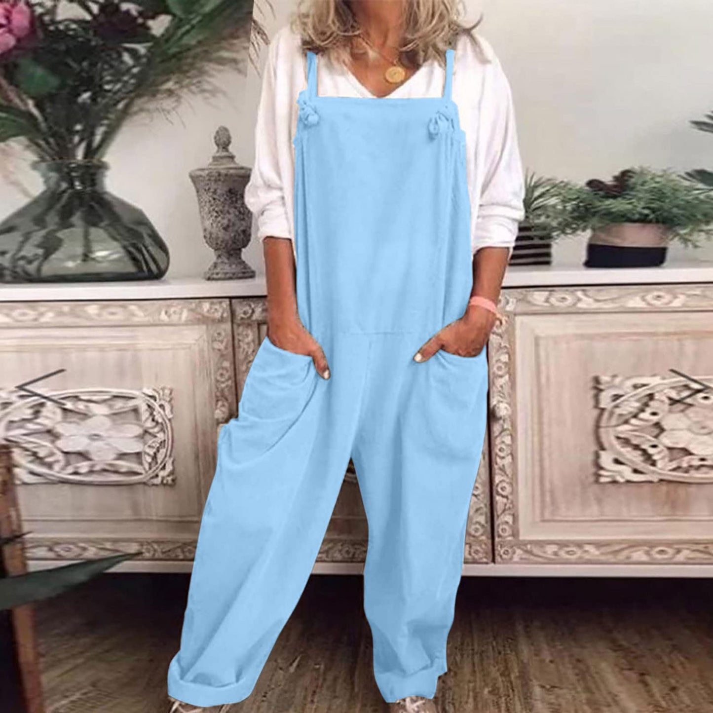 ESCBUKI Deals Ofthe Day Clearance Prime Prime Deals of The Day Linen Jumpsuits for Women Solid Wide Leg Jumpsuit Loose Fit Bib Overalls Jumpsuit Summer Womens Causal Overalls Casual Jumpsuits