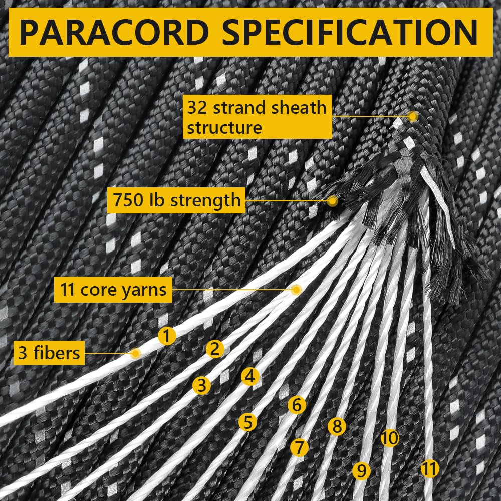 750Ib Reflective Paracord Rope,1000', 4mm 11 Strand Parachute Spool Cord with Collecting Bag, para Cord Lanyard for Hammock, Camping, Hiking