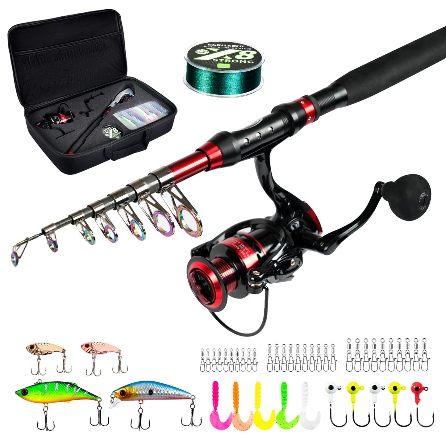 Ghosthorn Fishing Rod and Reel Combo Telescopic Pole Kit Fishing Gear Starter Compact Carrier Bag for Freshwater Saltwater
